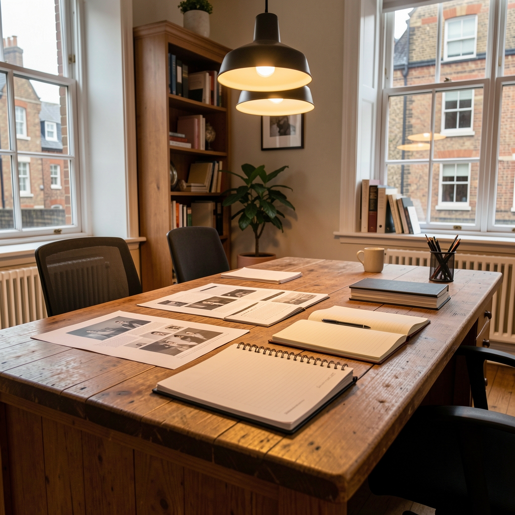 Editorial workspace with printed documents and open notebooks on a large wooden desk, warm overhead lighting, London office interior in late afternoon