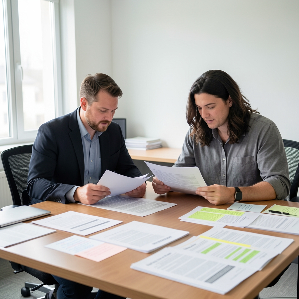 Two editors reviewing printed article proofs at a wide desk covered in research notes and highlighted documents, bright natural window light from the left