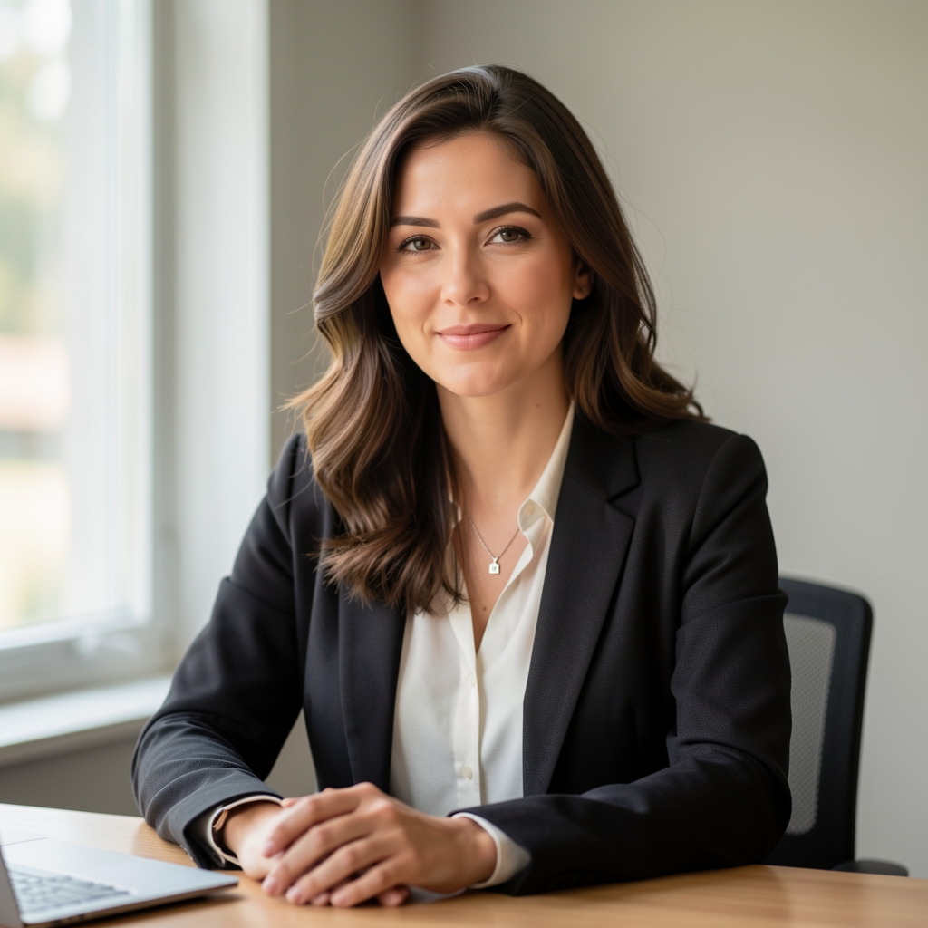 Editorial portrait of a woman at a desk with natural window light, neutral background, professional but informal setting