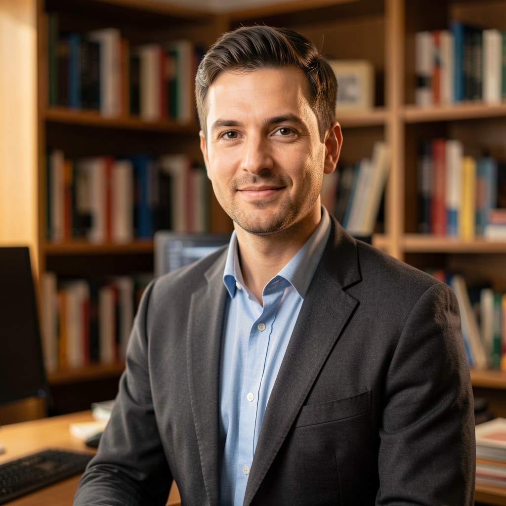 Editorial portrait of a man at a standing desk with bookshelves in the background, warm studio lighting, candid working pose