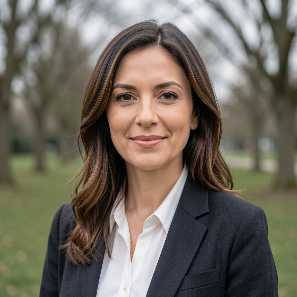 Editorial portrait of a woman outdoors in a park, overcast natural light, relaxed professional expression, trees in background
