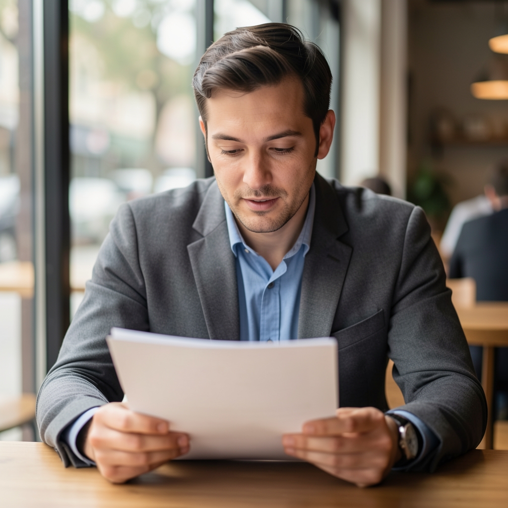Editorial portrait of a man reviewing printed documents at a café table, natural daylight, slightly informal professional setting