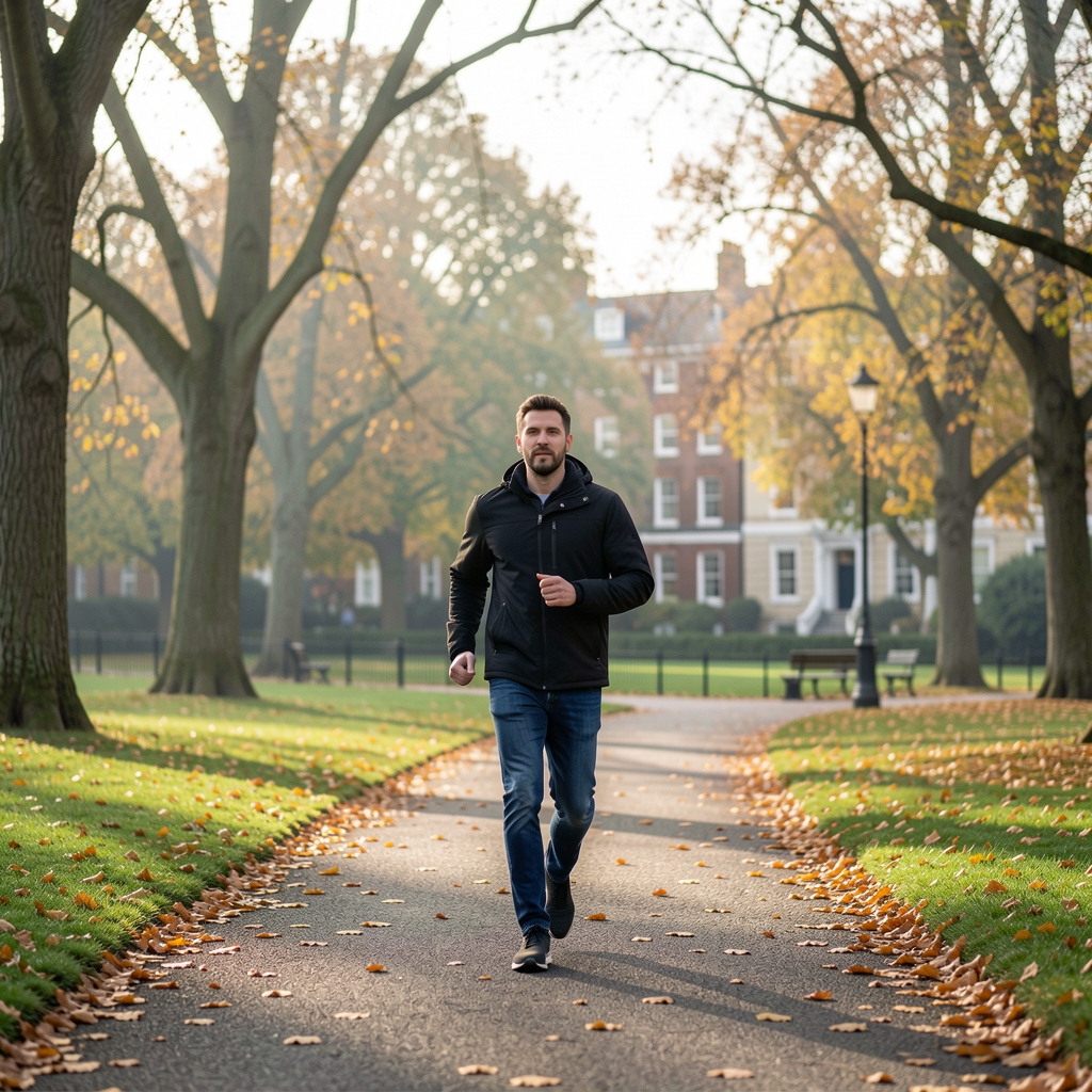 Person walking briskly through a green London park in the early morning, autumn leaves on the path, soft natural daylight