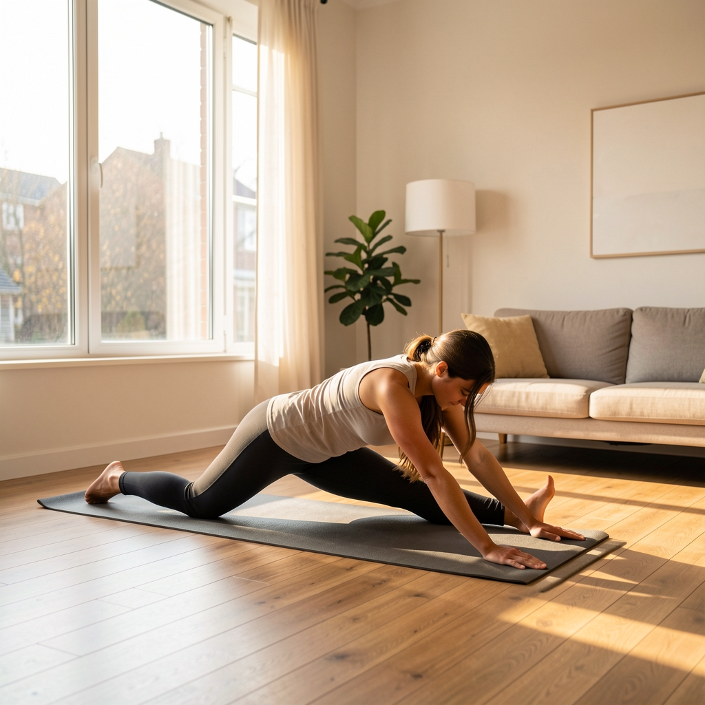 Home interior with a person doing light stretching exercises on a wooden floor, morning light through a large window, minimal furnishings