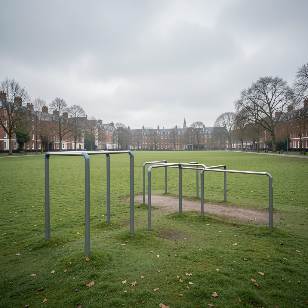 Outdoor park exercise area with parallel bars and open green space, overcast London sky, no people present, early morning atmosphere