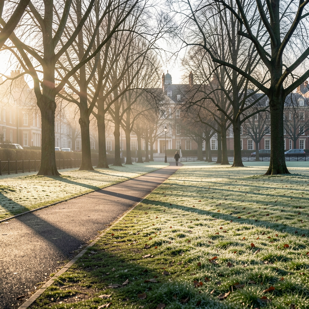 Early morning London park path with dew on the grass, low-angle sunlight filtering through bare trees, a lone figure walking in the distance