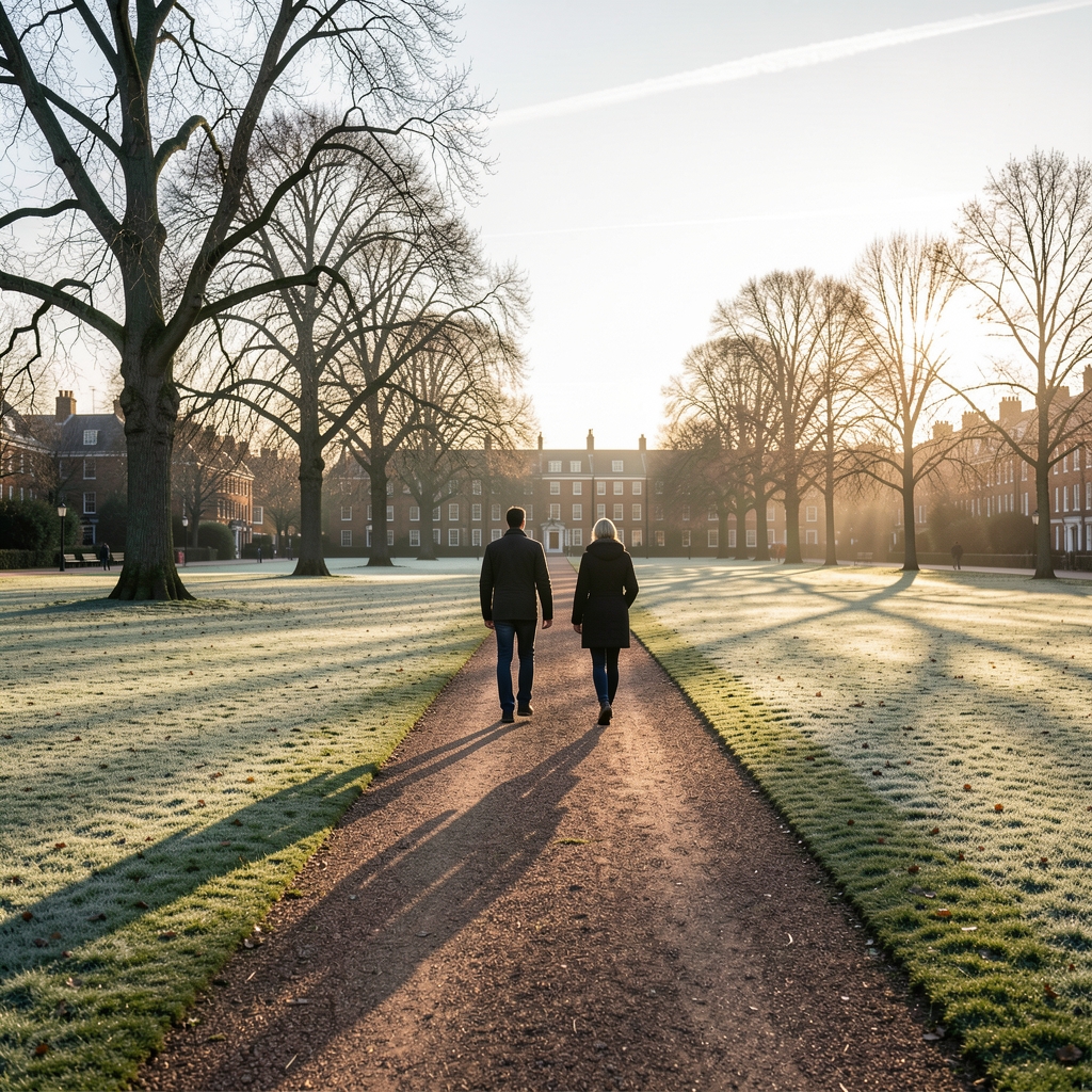 Wide shot of a flat London park at dawn, two people walking separately along a gravel path, long shadows stretching across the dew-covered lawn
